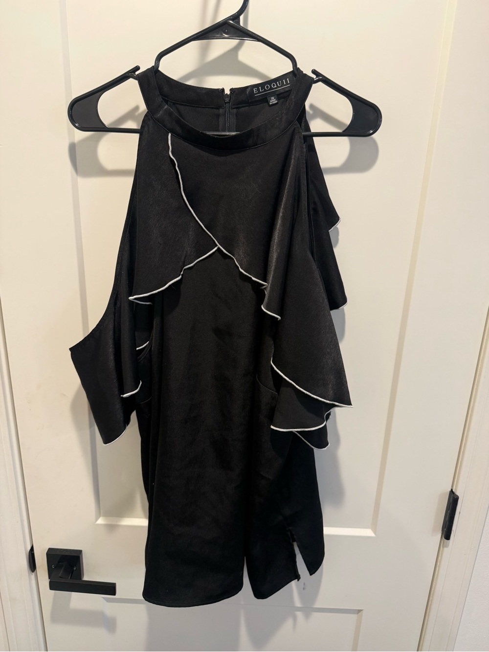 Eloquii Black Top with White Piped Ruffle Cold-Shoulder